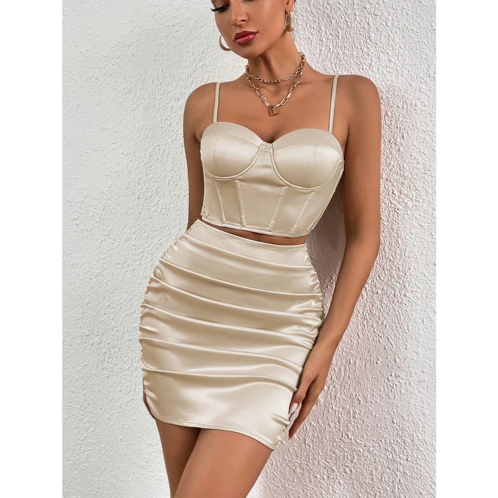 ❗️2 piece skirt set: Zipper Back bustier Cami Crop Top & Ruched mini Skirt black - Picture 5 of 8